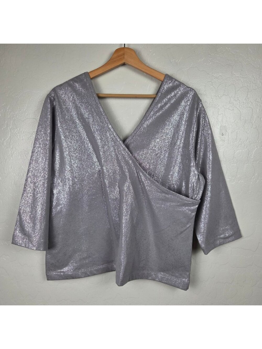 Soft Surroundings Silver Metallic Surplice Faux-Wrap Top V-Neck Size Women's 1X
